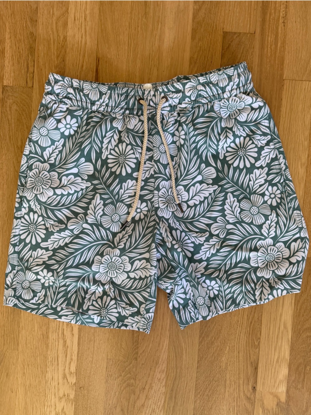 Fair Harbor Green and White Tropical Drawstring Shorts